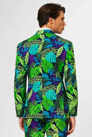 Jungle print men's suit with green and purple leaf print worn by man
