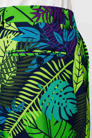 Jungle print men's suit with green and purple leaf print worn by man