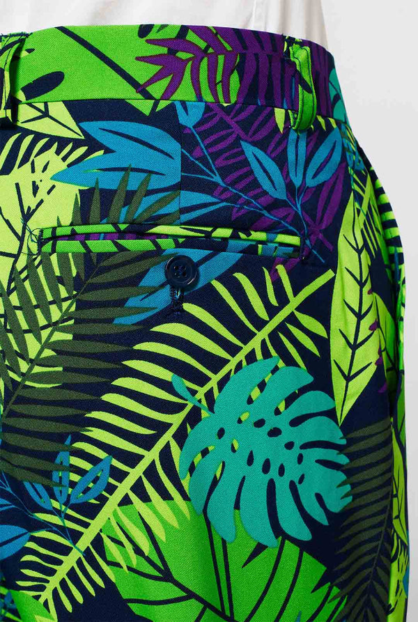 Jungle print men's suit with green and purple leaf print worn by man