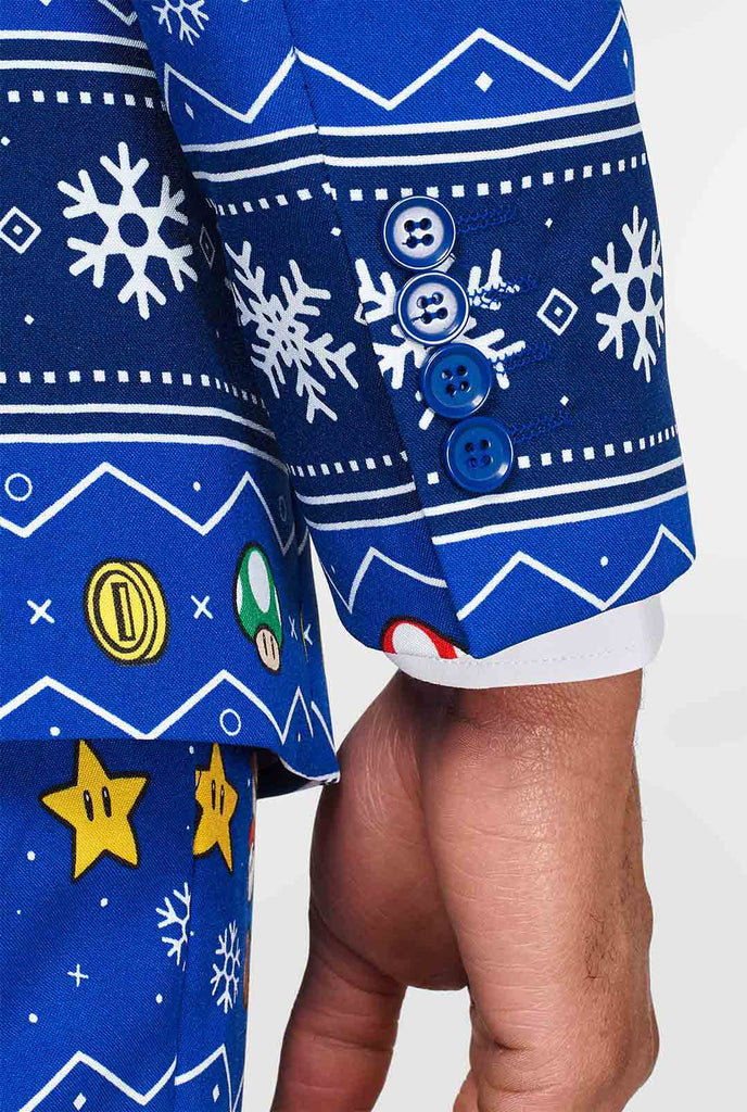 Super Mario Nintendo men's suit with Christmas themes worn by man