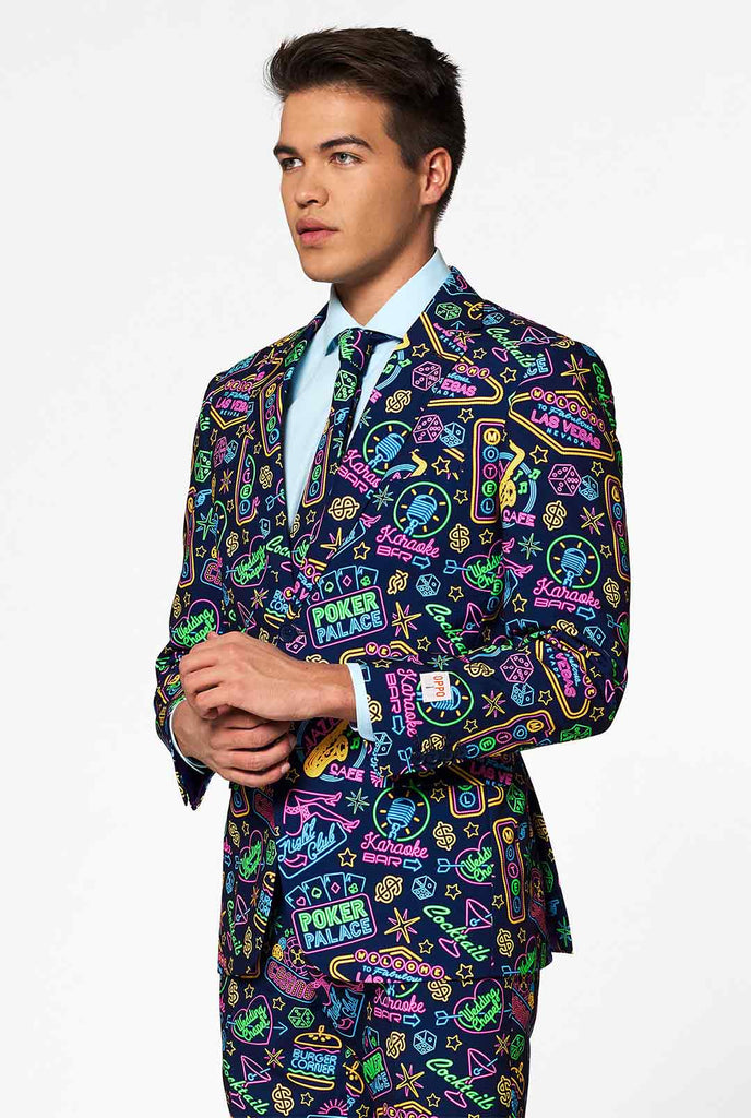 Retro Las Vegas Themed Poker men's suit Mr. Vegas worn by man close up looking to the right