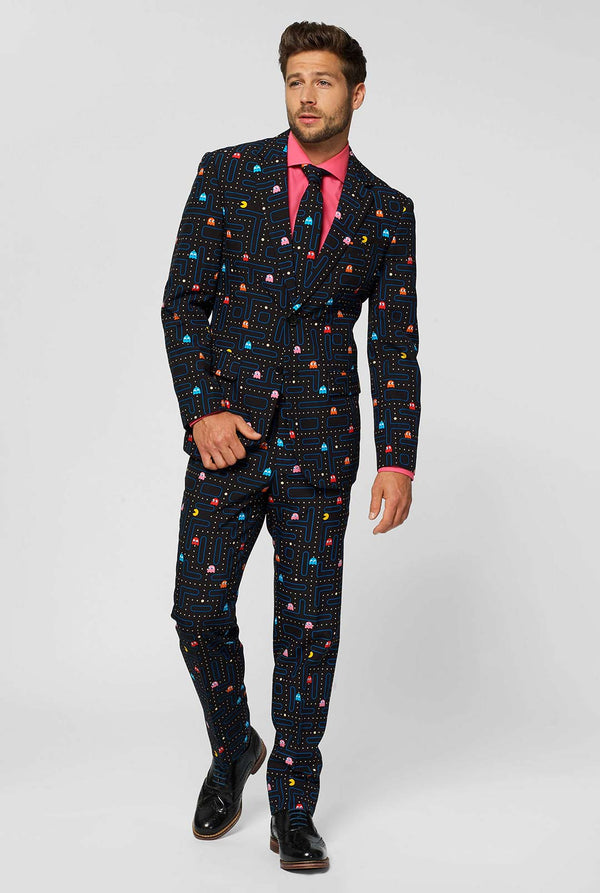 Pac-Man maze men's suit worn by man