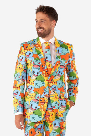 Man wearing suit with Pokémon, Pikachu print