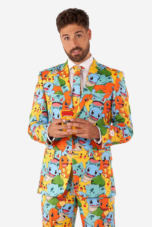 Man wearing suit with Pokémon, Pikachu print