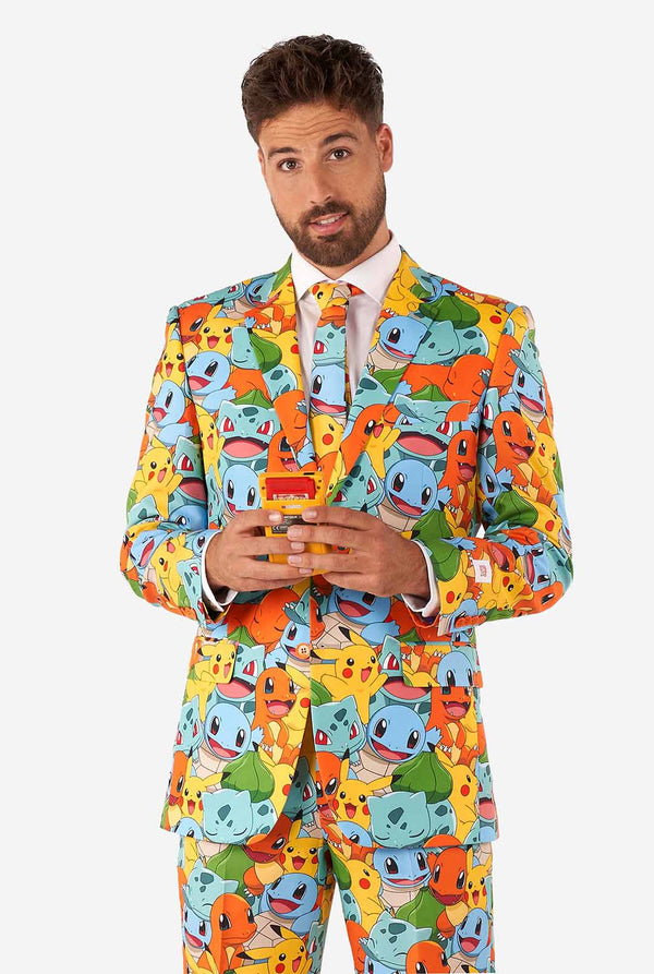 Man wearing suit with Pokémon, Pikachu print