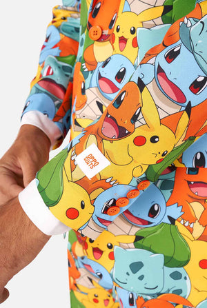 Man wearing suit with Pokémon, Pikachu print