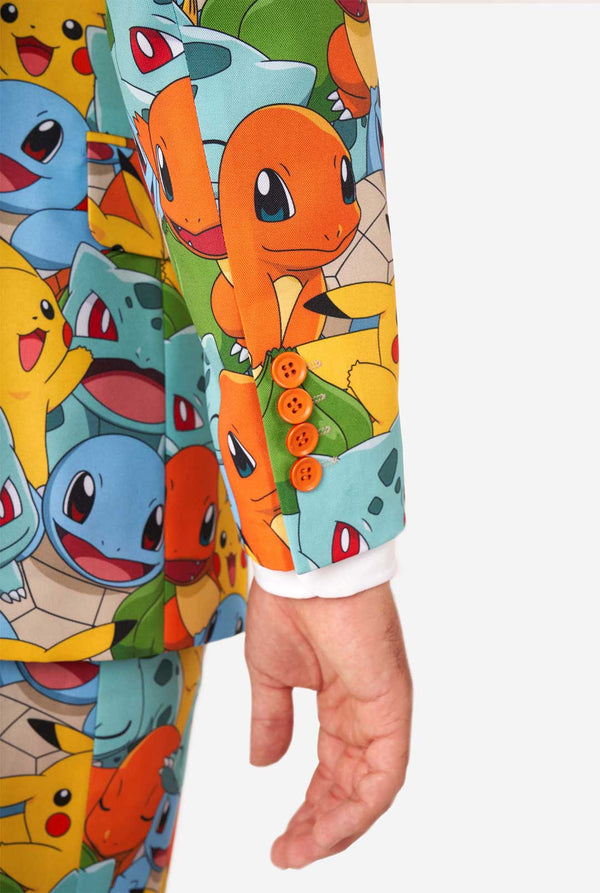 Man wearing suit with Pokémon, Pikachu print