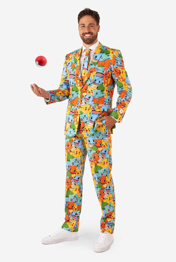 Man wearing suit with Pokémon, Pikachu print