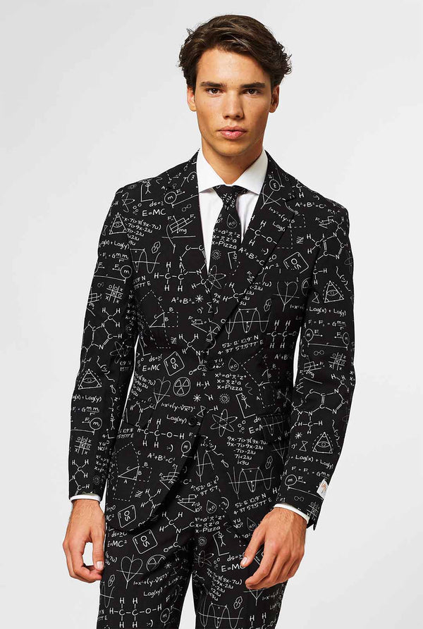 Black men's suit with scientific formula worn by man