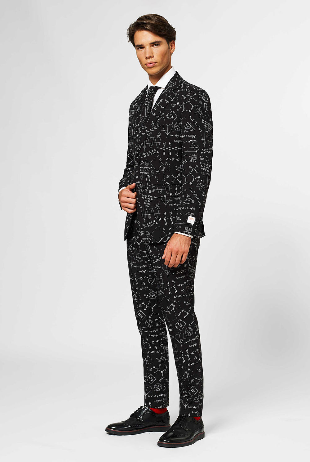 Black men's suit with scientific formula worn by man