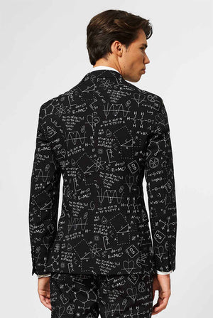 Black men's suit with scientific formula worn by man