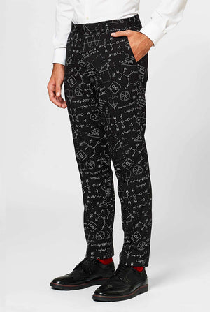 Black men's suit with scientific formula worn by man