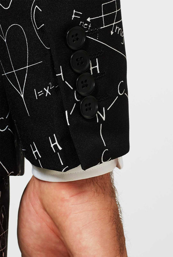 Black men's suit with scientific formula worn by man