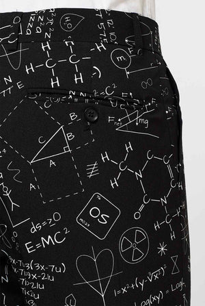 Black men's suit with scientific formula worn by man