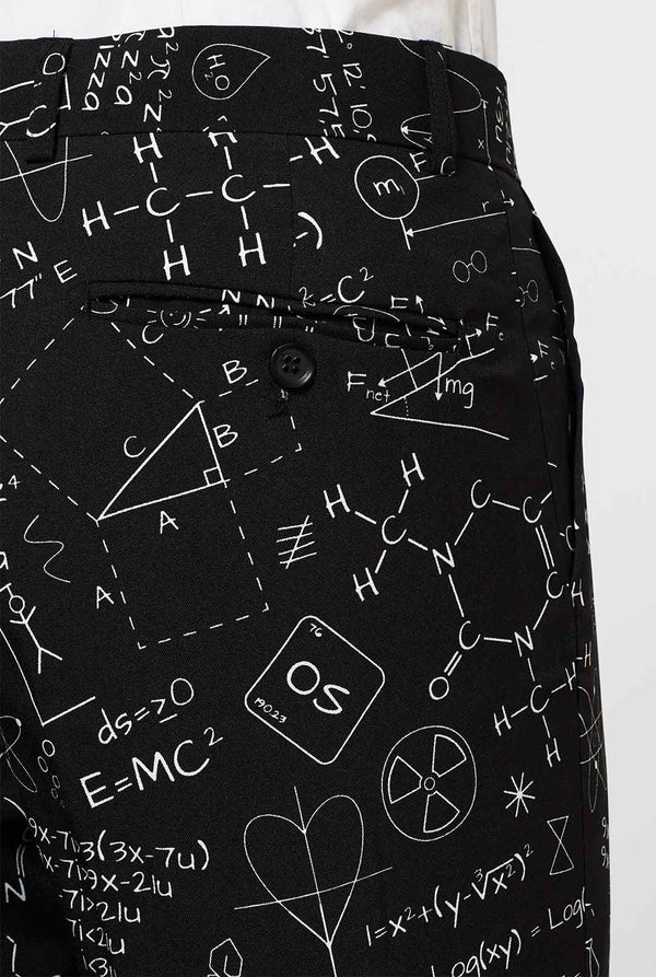 Black men's suit with scientific formula worn by man