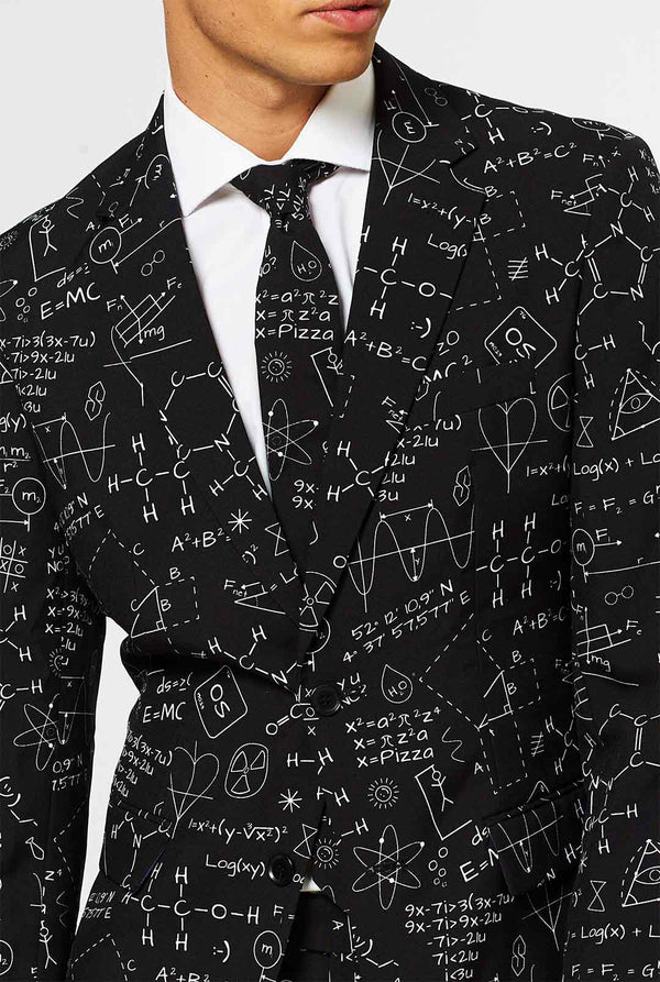 Black men's suit with scientific formula worn by man