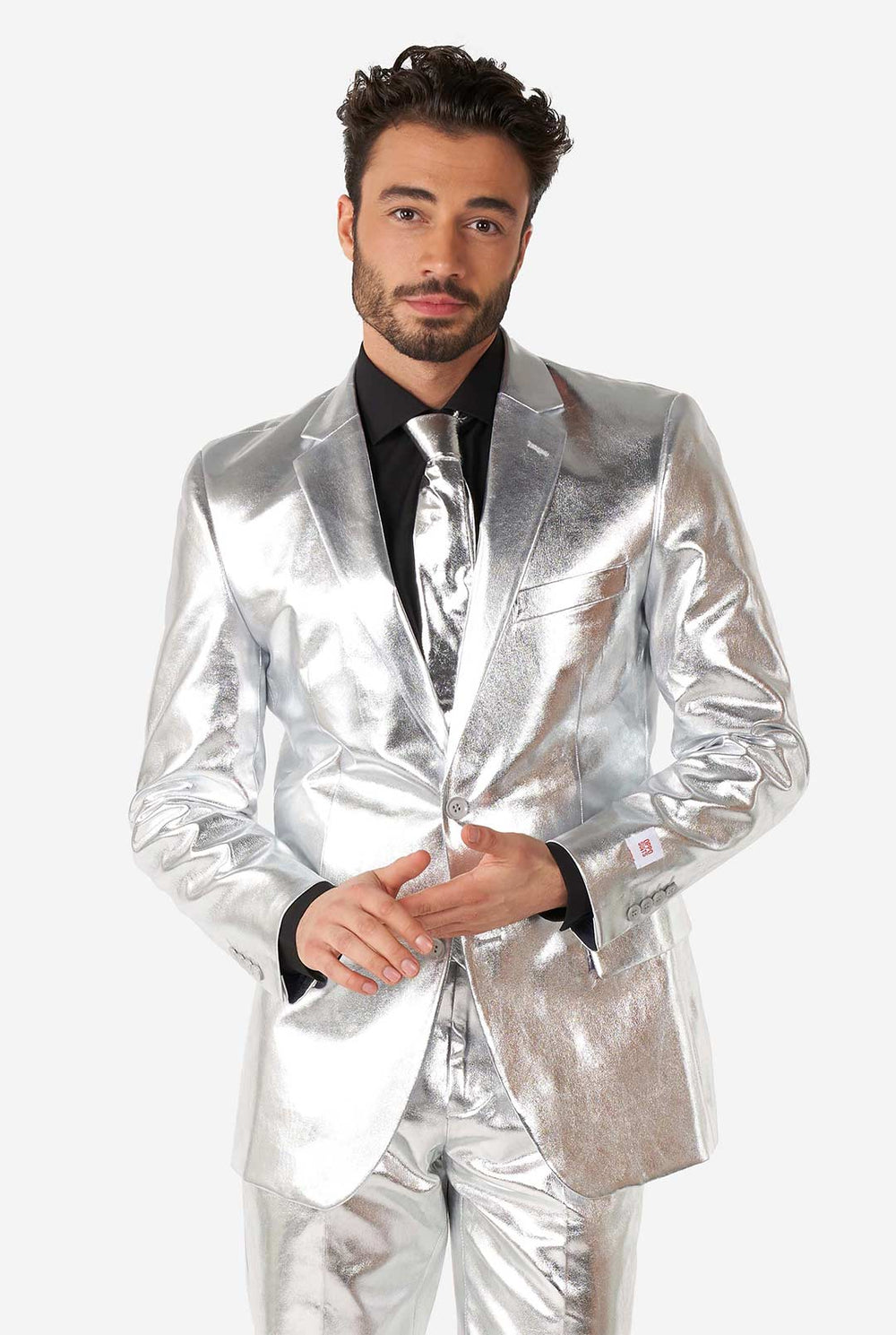 Man wearing shiny silver suit 
