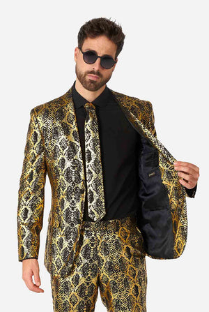 Man wearing suit with, gold and black, snakeskin print