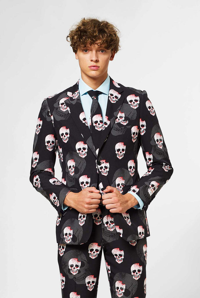 an wearing black Halloween men's suit with skull print