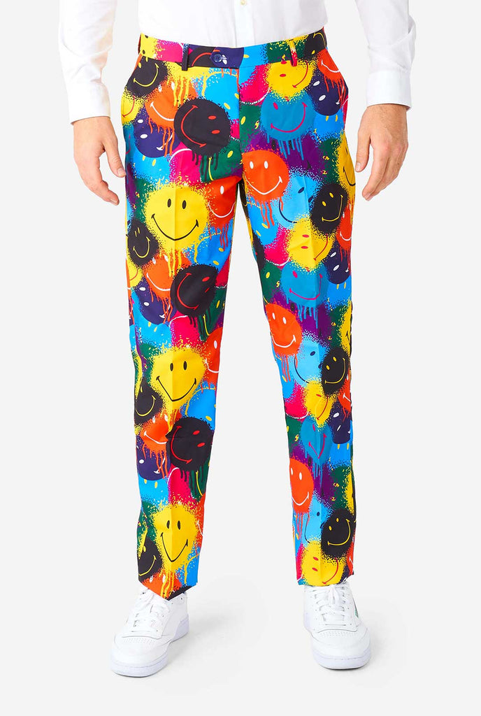 Man wearing colorful men's suit with Smiley print