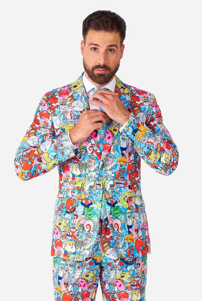 Man wearing men's suit with SpongeBob print 