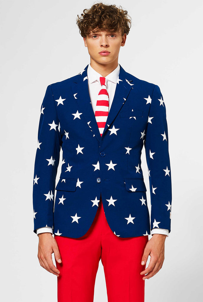Man wearing red and blue USA themed suit for 4th of July