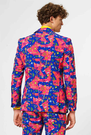 Funky pink and blue men's suit with abstract icons worn by man