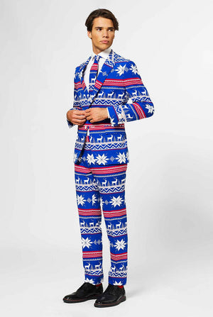 Man wearing blue Christmas suit with Nordic themed print