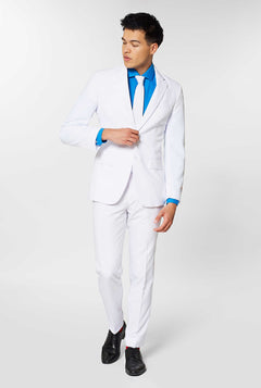 All white men's suit worn by man