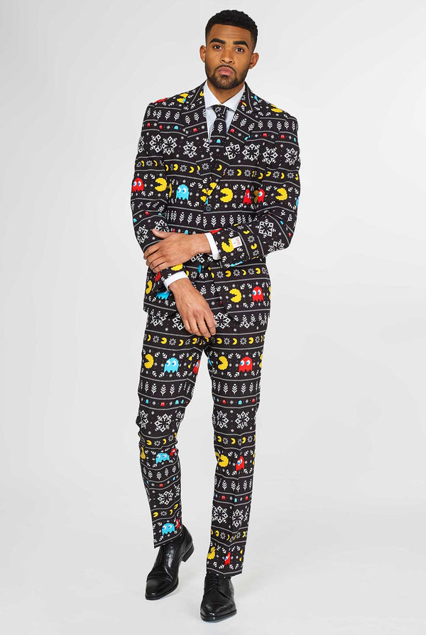 Pac-Man suit with Christmas theme worn by man