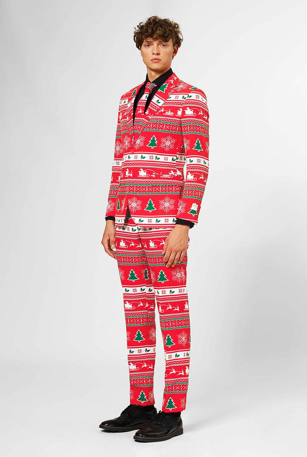 Man wearing red Christmas suit and black dress shirt