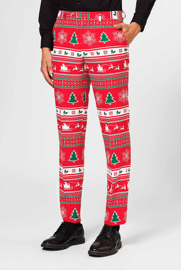 Man wearing red Christmas suit and black dress shirt