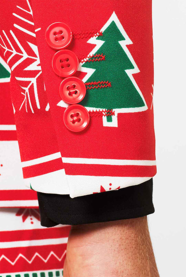 Man wearing red Christmas suit and black dress shirt