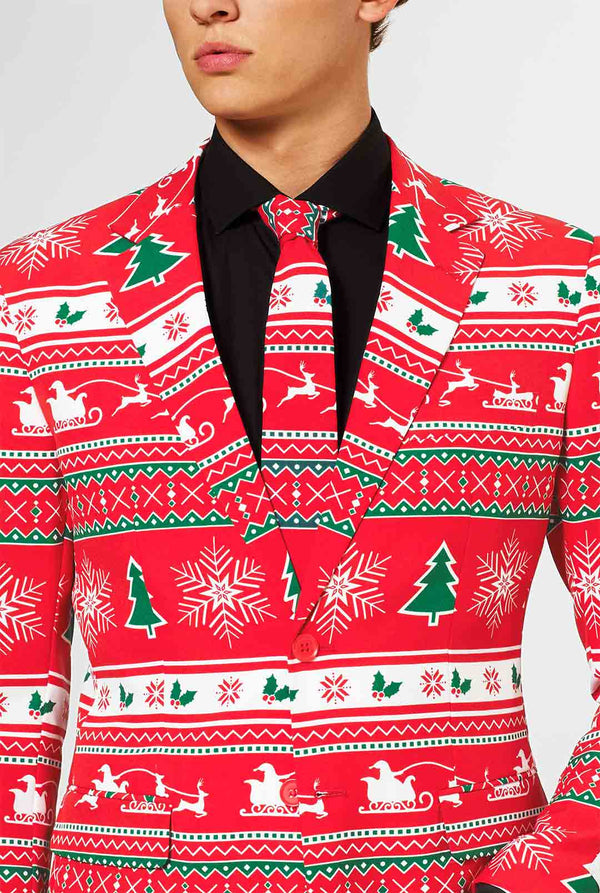 Man wearing red Christmas suit and black dress shirt