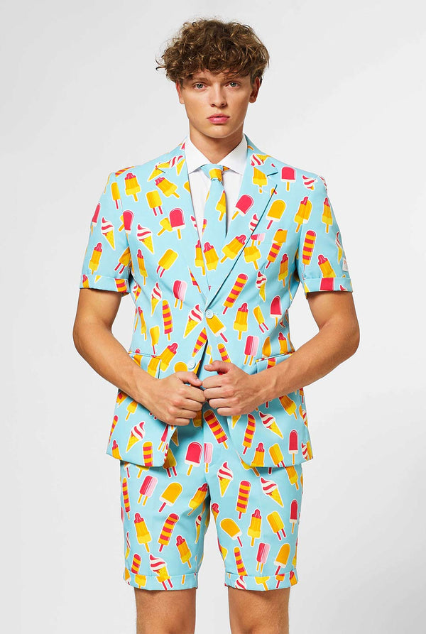 Man wearing light blue summer suit with popsicle print