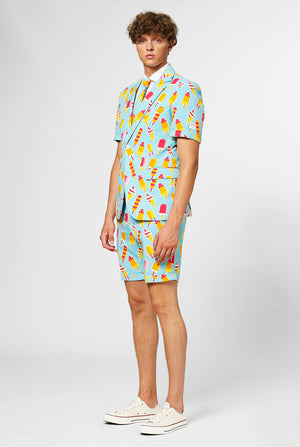 Man wearing light blue summer suit with popsicle print