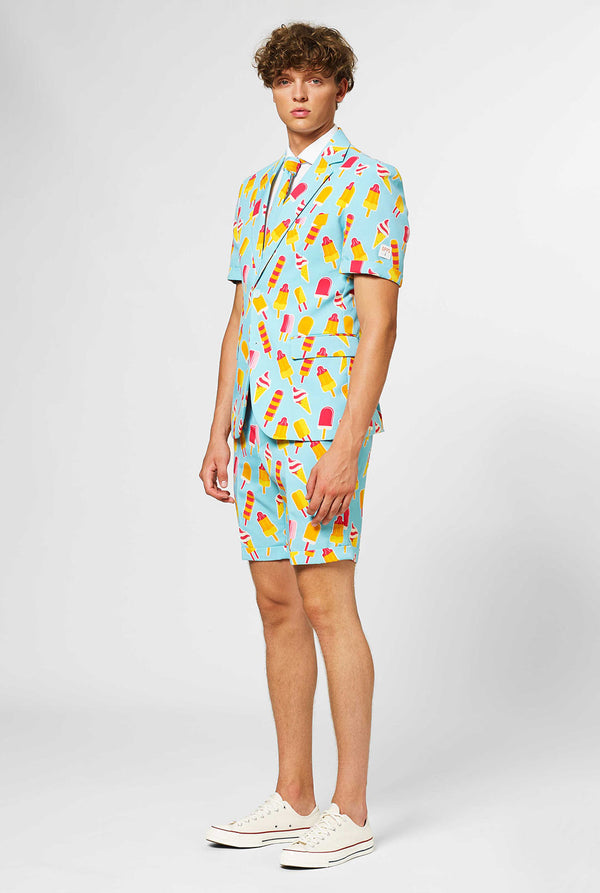 Man wearing light blue summer suit with popsicle print