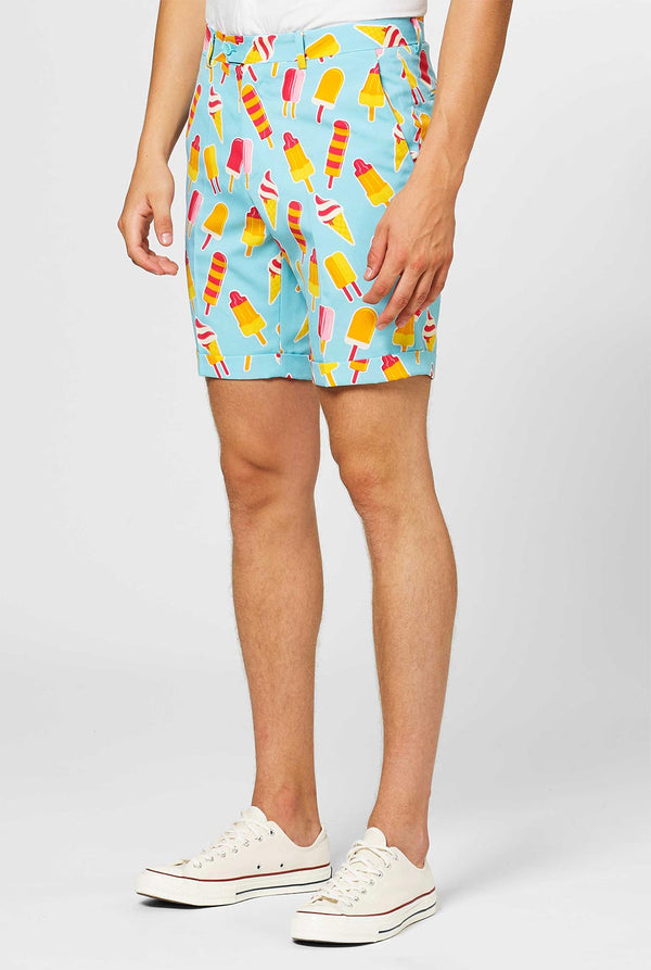 Man wearing light blue summer suit with popsicle print
