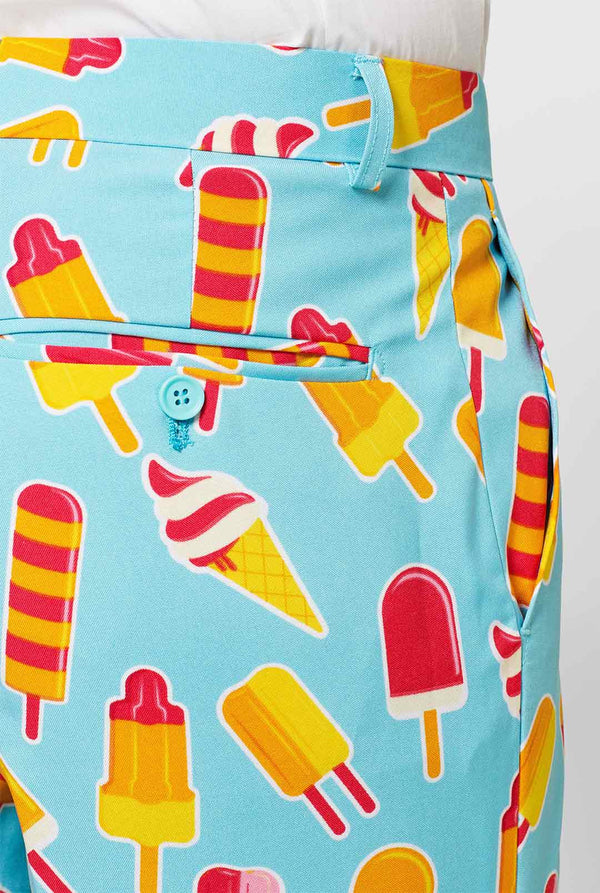 Man wearing light blue summer suit with popsicle print