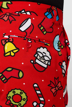 Man wearing red Christmas summer suit with Christmas print