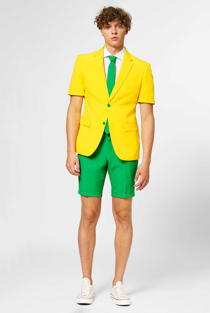 Man wearing green and yellow summer suit