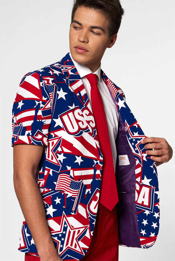 Man wearing USA themed summer suit