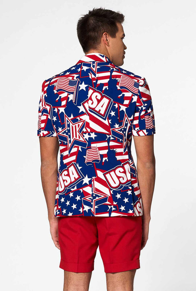 Man wearing USA themed summer suit