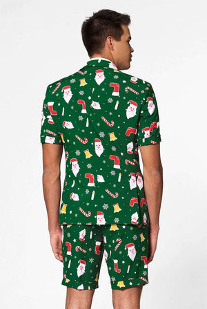 Man wearing green Christmas summer suit, consisting of shorts, jacket and tie