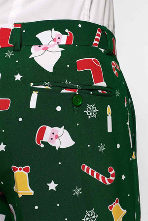 Man wearing green Christmas summer suit, consisting of shorts, jacket and tie