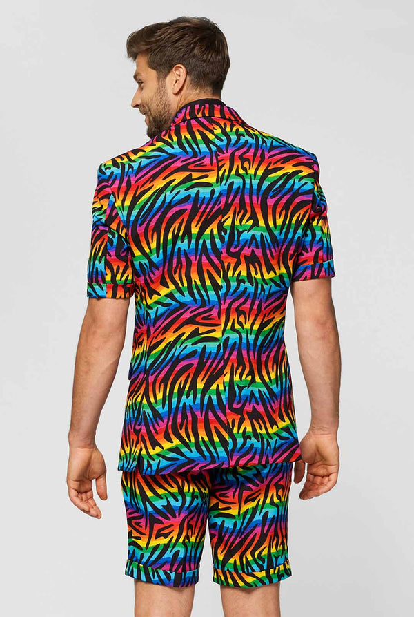 Man wearing summer suit with rainbow zebra stripes print