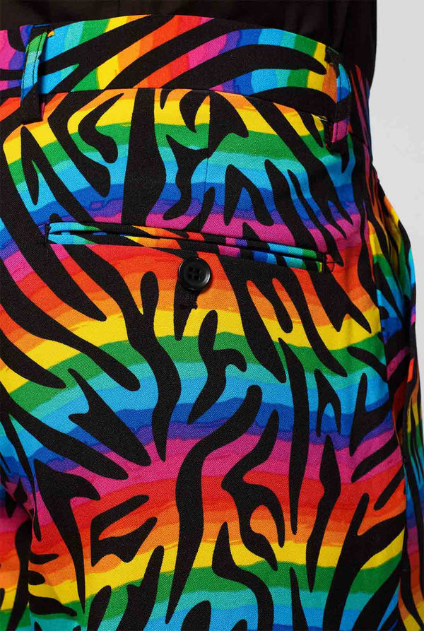 Man wearing summer suit with rainbow zebra stripes print