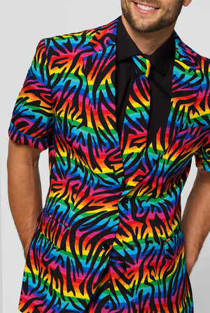 Man wearing summer suit with rainbow zebra stripes print