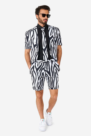 Man wearing summer suit with black and white zebra stripes