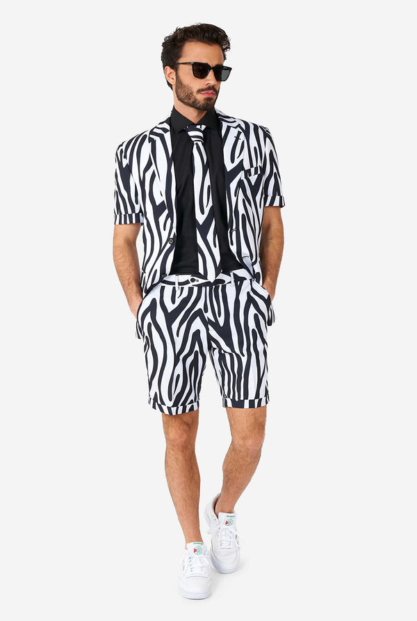 Man wearing summer suit with black and white zebra stripes